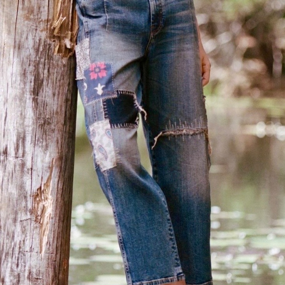 Wide-Leg Patchwork Blue Jeans for Women - Picture 3 of 7